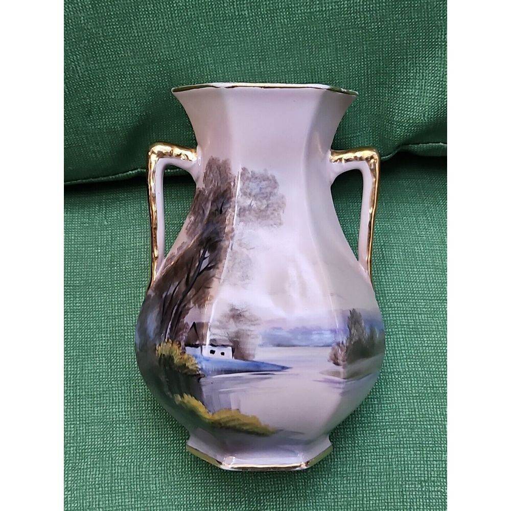 Nippon Noritake Morimura‎ Hand Painted Vase HOUSE ON LAKE 6" Octagon LANDSCAPE